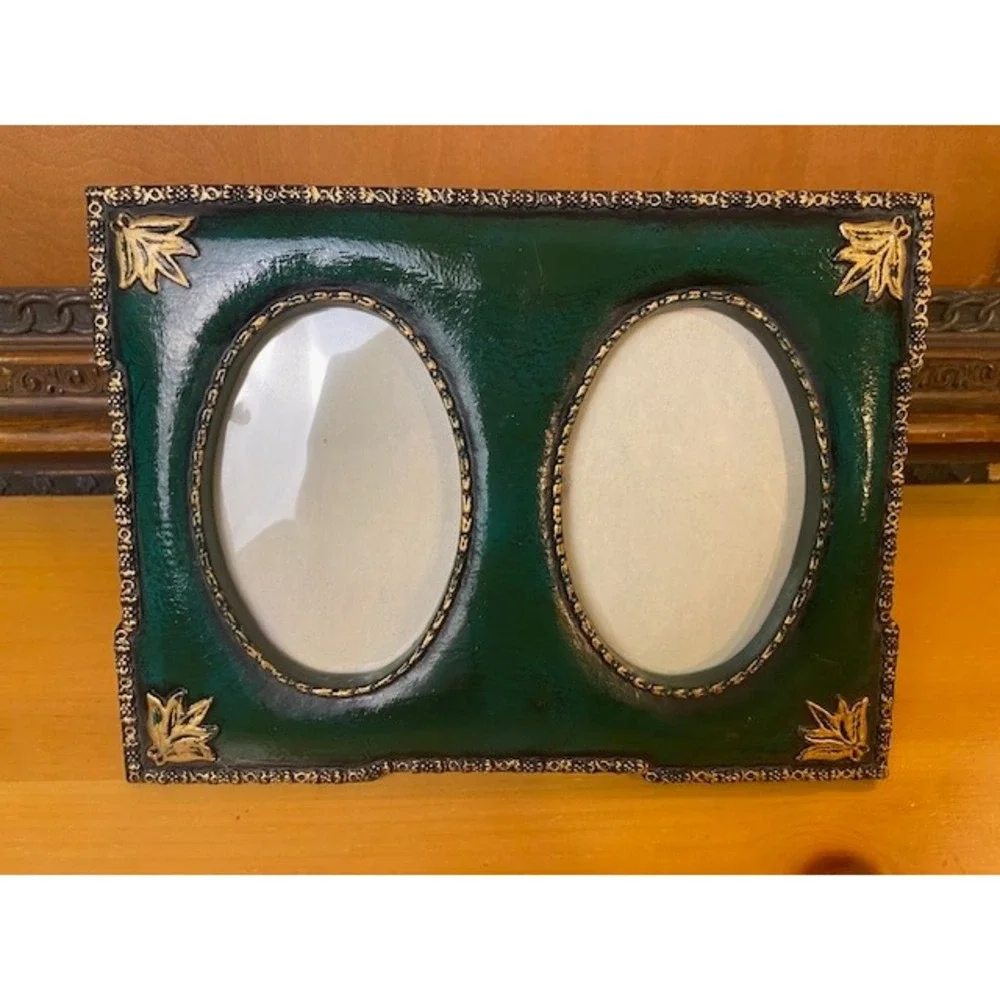 Vintage Green and Gold Double Oval Photo Frame Tabletop Easel Back 2 Opening